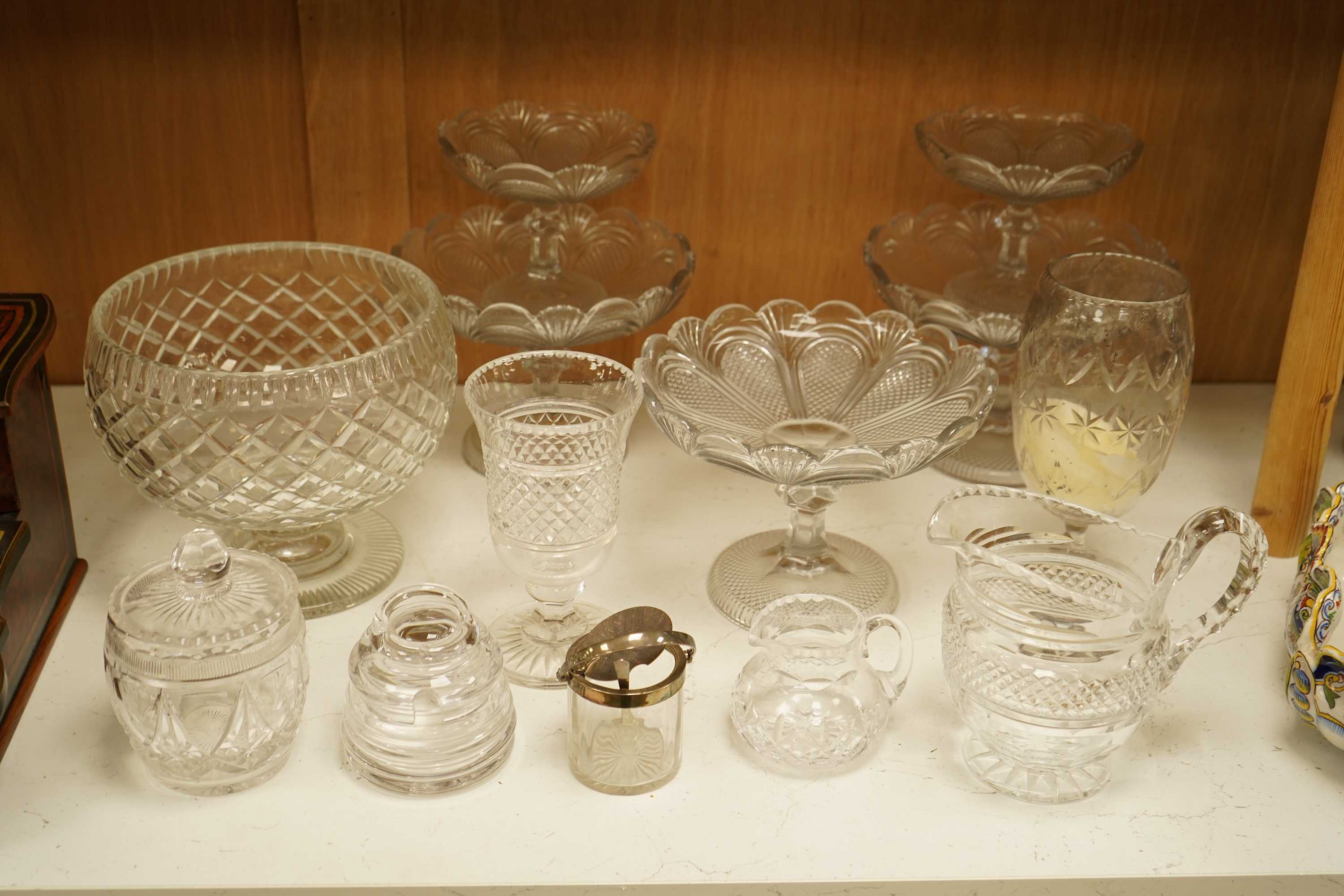 Collection of glassware to include William Yeoward beehive honey skep, five pressed glass comports and other glassware, largest 23cm in diameter